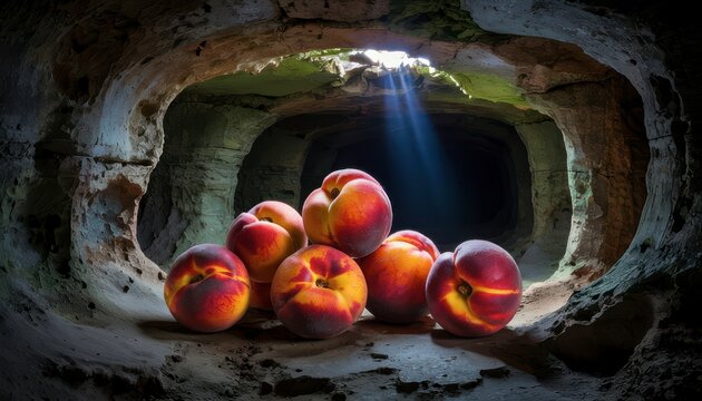 Peaches cave light fruit fresh sweet dessert healthy food summer ripe delicious juicy organic natural stone