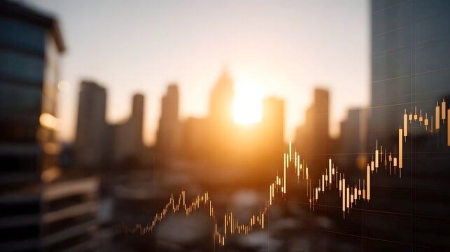 A financial market graph overlays a blurred cityscape during a golden hour sunset symbolizing growth and opport