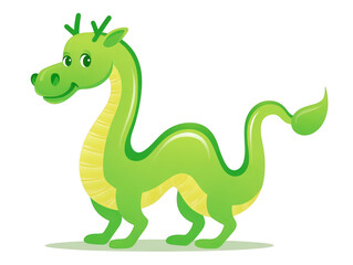 Fototapeta premium Cute green cartoon dragon with yellow belly, standing on four legs, smiling with friendly expression, fantasy animal illustration, playful and whimsical style