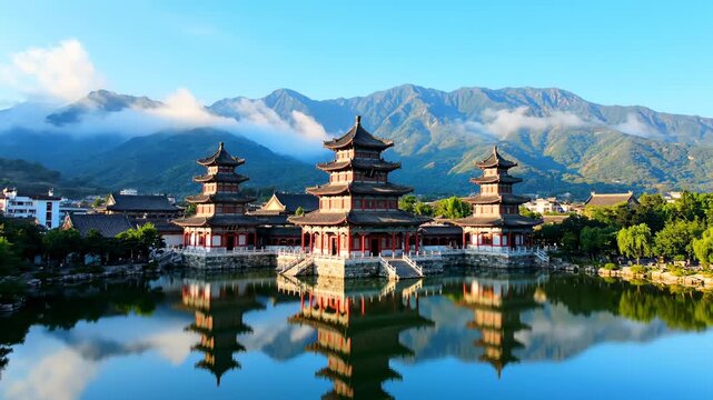 Scenic view of three tiered pagodas reflected in calm water, set against a backdrop of mountains and cloudy sky