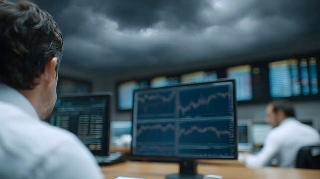 Trader analyzing market data on multiple screens as dark clouds loom overhead symbolizing financial uncertainty