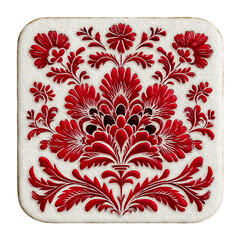 Red floral design on a square tile with a white textured background and rounded corners artistic style