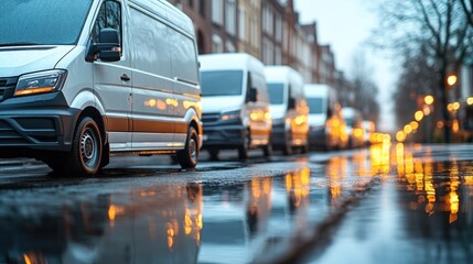 Naklejka premium Line of delivery vans on a rainy city street
