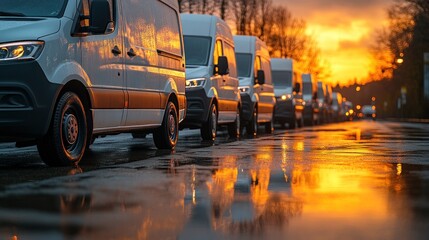 Fototapeta premium Line of vans in a wet street at sunset