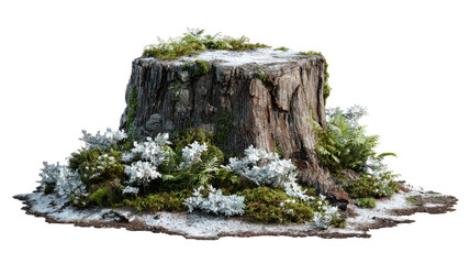 Tree stump with moss on a rocky mountain cliff in a green forest landscape under the sky