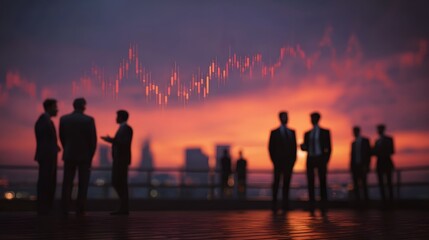 Business professionals discuss financial market trends at sunset overlooking a cityscape