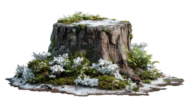Tree stump with moss on a rocky mountain cliff in a green forest landscape under the sky