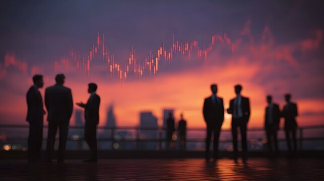 Business professionals discuss financial market trends at sunset overlooking a cityscape
