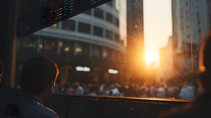 Business professionals monitor financial data on market screens with a warm sunset illuminating the urban background