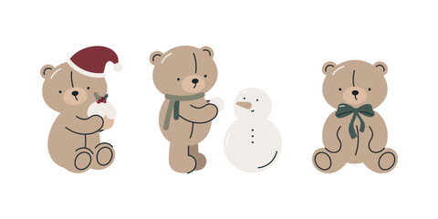 Set with cute Christmas teddy bear. Christmas design. Cartoon flat vector illustration. Isolated on white background. Elements for printing, poster, card.	
