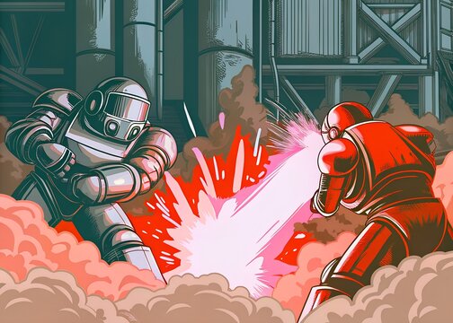 Sci-Fi Robots Battle with Laser Beams in Industrial Setting