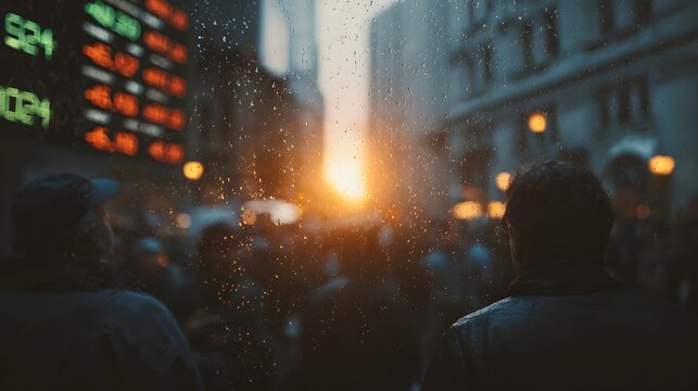 Urban street scene with a glowing ticker board and blurred figures under evening rain and sunset light