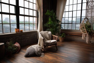 Bohemian sitting area with wooden and linen details framed by expansive industrial windows