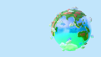 Glossy glass earth with green continents and clouds 3D render
