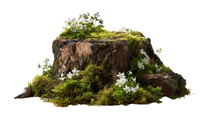 Tree stump with moss on a rocky mountain cliff in a green forest landscape under the sky
