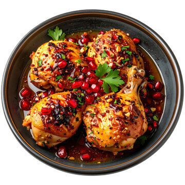 Aromatic fesenjan, a classic persian pomegranate and walnut chicken stew, presented in a dark bowl, showcasing a sweet and savory festive dish from iranian cuisine
