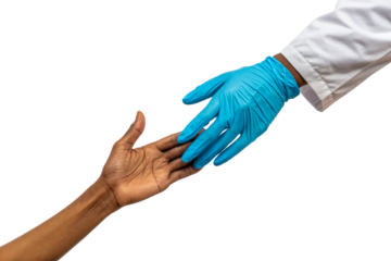 Black person extending hand to reach gloved medical hand