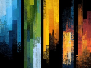 Simple flat digital pixel art glitch texture with four panels in blue, green, yellow, and black palette, featuring abstract shapes and minimalist design for background or creative projects.