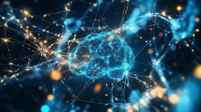 Glowing Blue AI Brain Neural Network Concept: Digital illustration of intricate nodes and deep learning architecture. Futuristic technology image, ready for high-resolution commercial use.