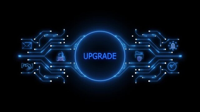 Digital upgrade concept with glowing circuit board and security icons on black background technology