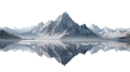 Winter panoramic view of a snowy alpine landscape with a mountain lake, glacier, and rock peaks under a cold sky