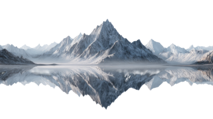 Winter panoramic view of a snowy alpine landscape with a mountain lake, glacier, and rock peaks under a cold sky