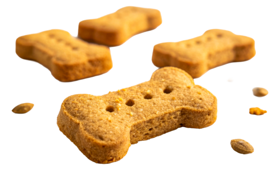 Dog biscuit bone shape golden brown pet treat snack, cut out transparent