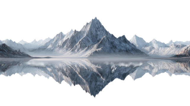 Winter panoramic view of a snowy alpine landscape with a mountain lake, glacier, and rock peaks under a cold sky