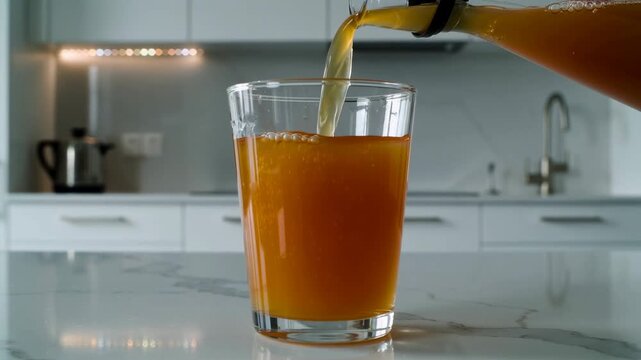 Refreshing apple juice being poured into a transparent glass cup in a white kitchen background on a bright sunny day