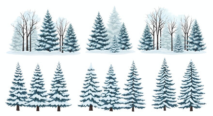 Obraz premium A collection of illustrated winter forest scenes with snow-covered evergreen and bare trees.