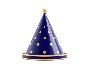 Blue party hat with gold polka dots and gold trim, cone shape, festive accessory for birthday or celebration, isolated on transparency background, cheerful and decorative