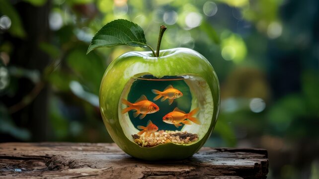 Apple aquarium goldfish green nature fishbowl apple fish creative design still life garden beauty