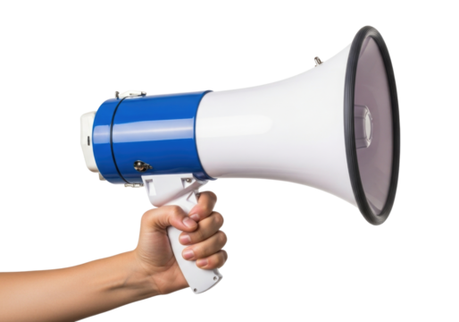 Hand holding a blue and white megaphone transparent background cutout png
