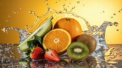Fresh fruits orange kiwi strawberry splash healthy eating vitamin c tropical fruit summer fruits juice diet