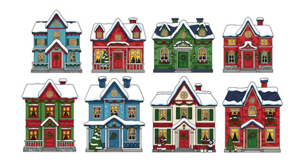 Eight colorful miniature Christmas village houses with snow-covered roofs and festive decorations.
