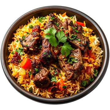 Deconstructed hunkar begendi showing the layers of smoked eggplant and meat sauce, professionally isolated on a white background for styling
