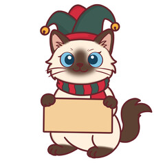 Ragdoll Cat Wearing Jester Hat and Scarf Holding label Illustration