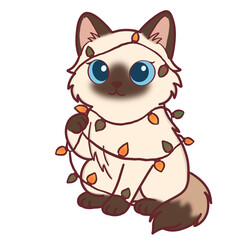 Cute Ragdoll Cat Tangled in Christmas Fairy Lights Illustration
