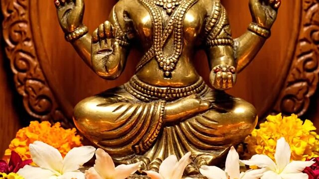 Golden Hindu Goddess Lakshmi Statue with Floral Offerings.