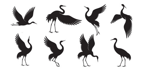 Obraz premium Crane bird silhouettes collection, elegant heron poses, flying and standing birds, wildlife illustration, nature animal design, graceful bird vector art, black silhouette
