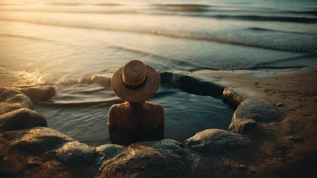 Woman in a sunhat relaxes in a natural hot spring surrounded by stones, as the camera smoothly pans to capture the serene atmosphere and gentle waves