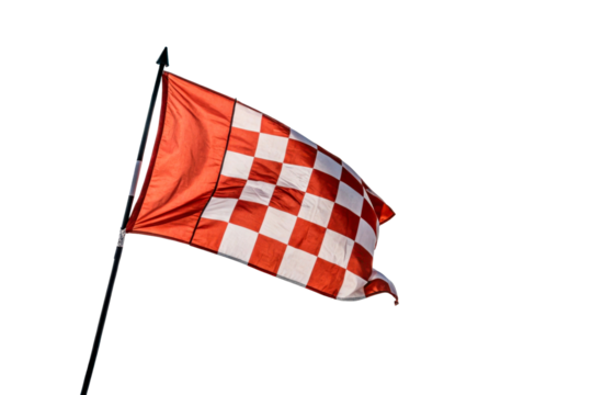 Red and white checkered flag waving on a pole in snowy terrain