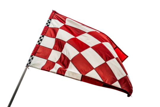 Red and White Checkered Flag Waving Against Cloudy Sky