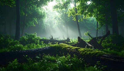 Sunlit Forest Floor - A Serene Woodland Scene with Mossy Logs.