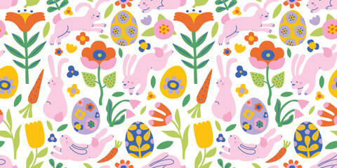 Spring cartoon seamless pattern with cute bunny, flowers, carrots and Easter eggs. Easter rabbits, hare in different pose jumping, sitting. Happy Easter print in flat style, bright and pastel colors.