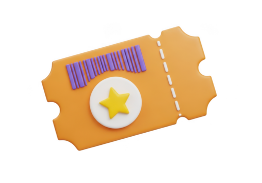 Vibrant orange 3d ticket with star, barcode for event entry or coupon. isolated on transparent background