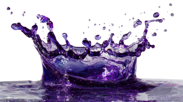 purple, fresh water splash with clear drops and bubbles, isolated on black, creating an abstract, flowing motion