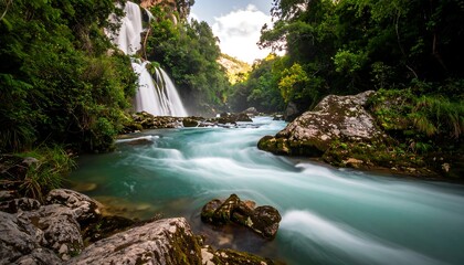 A scenic waterfall cascades into a serene turquoise river amidst lush foliage