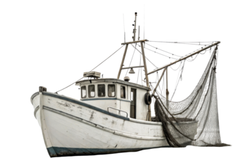 Fishing trawler boat with net on dry ground