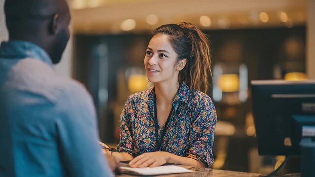 Friendly hotel receptionist assists a guest with a smile and gestures at the front desk, providing excellent customer service and hospitality.